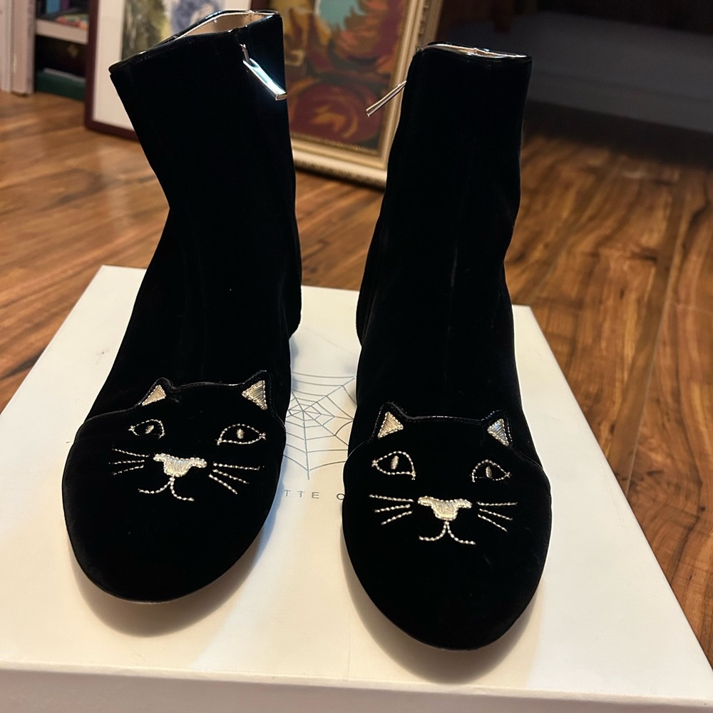 Charlotte Olympia black “Puss in Boots” ankle bootie